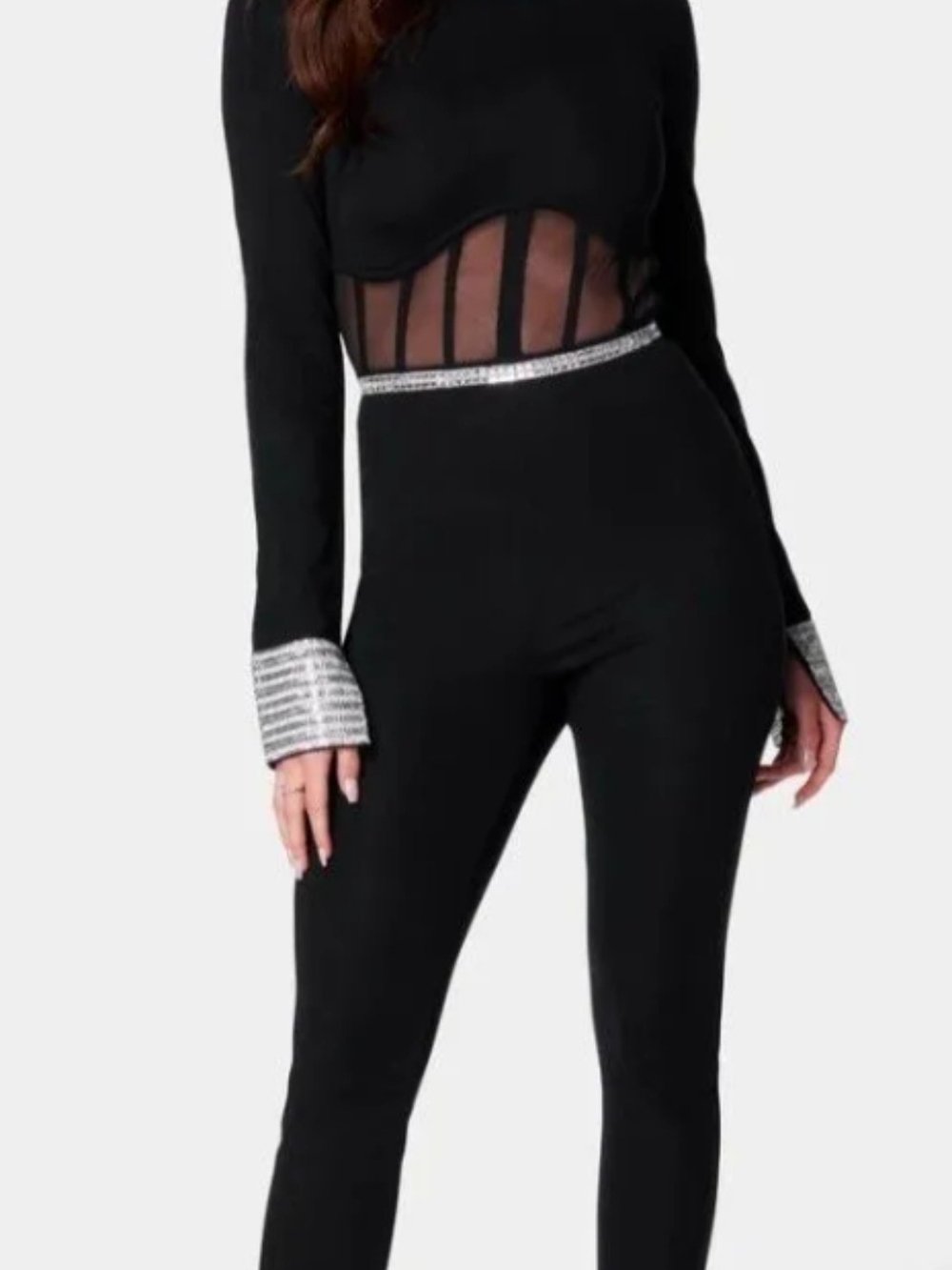 Bebe Embellished Corset Catsuit with Silver Rhinestone Trim NWT, MSRP $169
